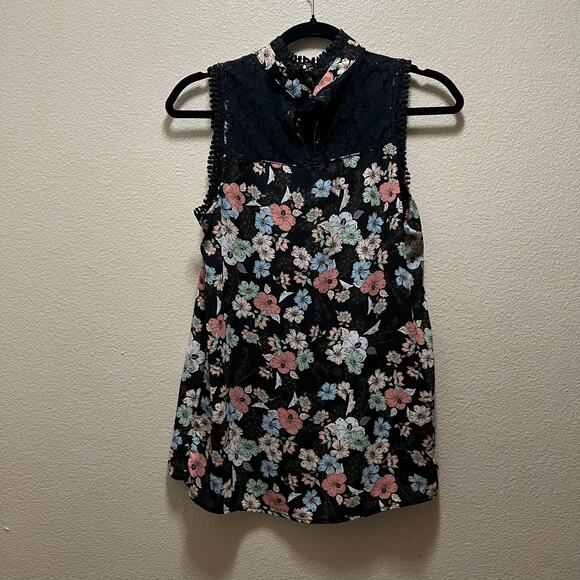 Self Esteem Blouse Black Floral Lace Pom Pom Crew Neck Sleeveless Top Hi-Back L - Picture 3 of 9